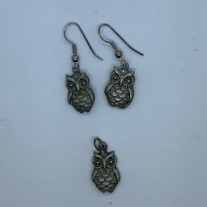 Silver Tone Owl Earrings & Pendant